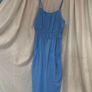 Blue Spaghetti-Strap Midi Dress with Elastic Waist and Pockets